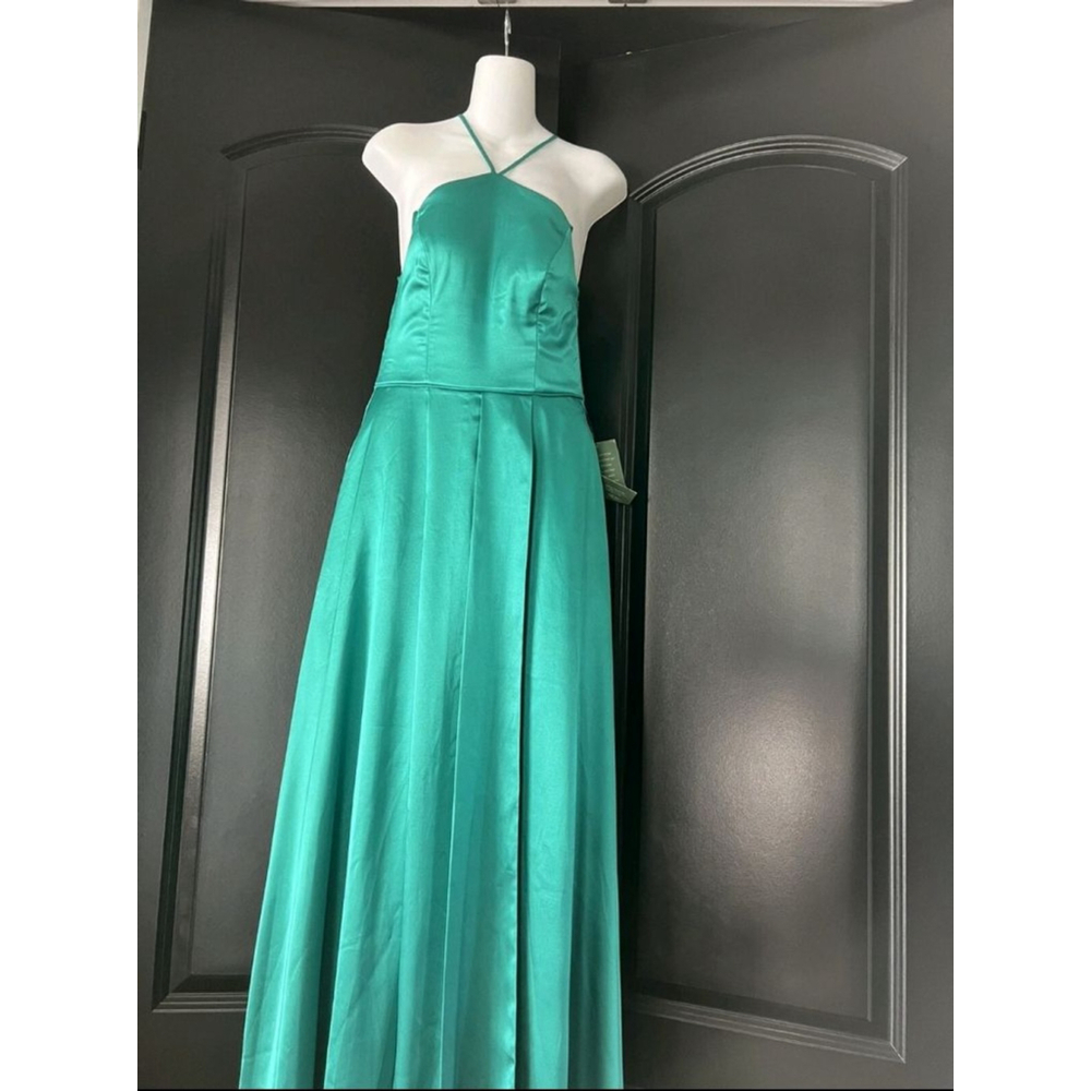 My Michelle Teal Satin Formal Gown – Strappy Back & Side Slit - Picture 3 of 6